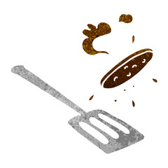 retro cartoon doodle of a burger being flipped