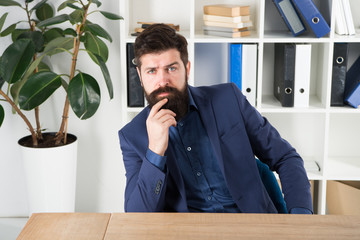 Answer common interview questions. Man bearded hr manager sit in office ask interview. Job...