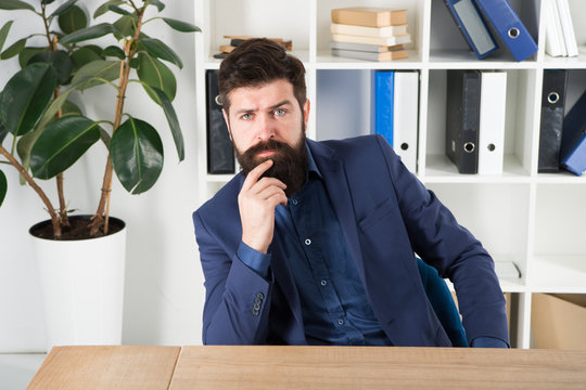 Answer common interview questions. Man bearded hr manager sit in office ask interview. Job interview concept. Can you tell me about yourself. Leave lasting impression and outperform fellow candidates