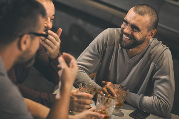 Company sitting in bar and spending time together. Bearded handsome man communicating with friends...