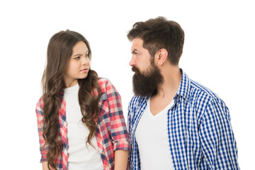 Strict father concept. Man brutal bearded dad talking to little daughter. Something forbidden. Parenthood and upbringing. Strict rules of family. Strict upbringing. Seriously unhappy about misconduct