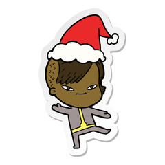 cute sticker cartoon of a girl with hipster haircut wearing santa hat