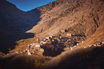 Sunrise view of rural mountain village Imlil in Morocco High Atlas mountains Africa