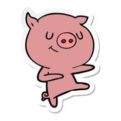 sticker of a happy cartoon pig dancing