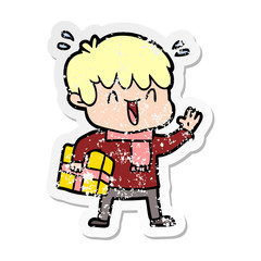 distressed sticker of a cartoon laughing boy