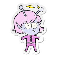 distressed sticker of a cartoon alien girl