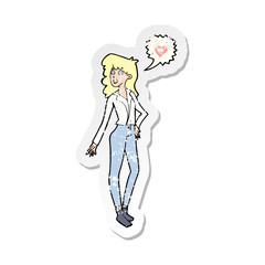 retro distressed sticker of a cartoon woman in love