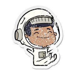 distressed sticker of a happy cartoon astronaut