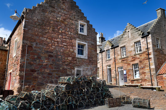 Brodie's Grannie's restaurant and stone houses and lobster traps in the fishing village of Crail Fife Scotland UK