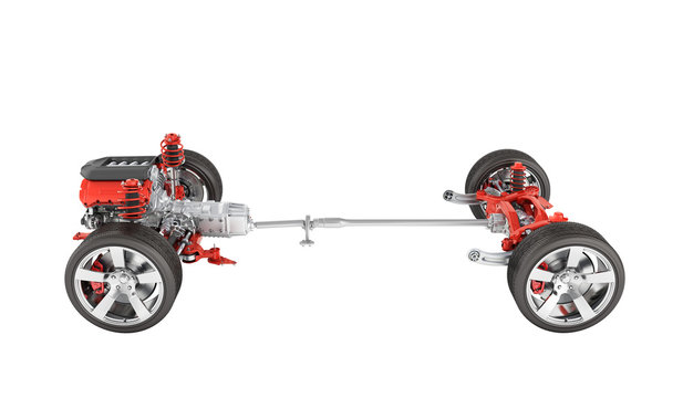 Suspension of the car with wheel and engine Undercarriage in detail isolated on white background 3d without shadow