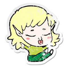 distressed sticker of a pretty cartoon elf girl sitting