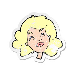 retro distressed sticker of a cartoon happy female face