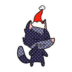 friendly comic book style illustration of a wolf wearing santa hat