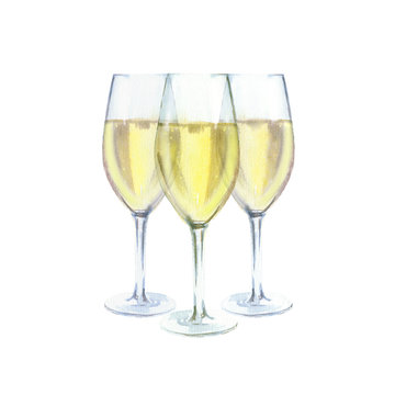 Three champagne glasses watercolor illustration, isolated on white background