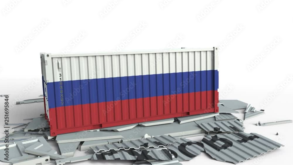 Poster cargo container with flag of russia breaks container with export text. conceptual 3d animation