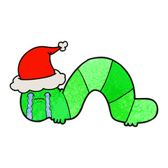textured cartoon of a caterpillar obsessing over his regrets wearing santa hat