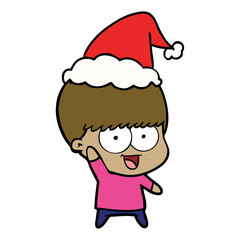 happy line drawing of a boy waving wearing santa hat
