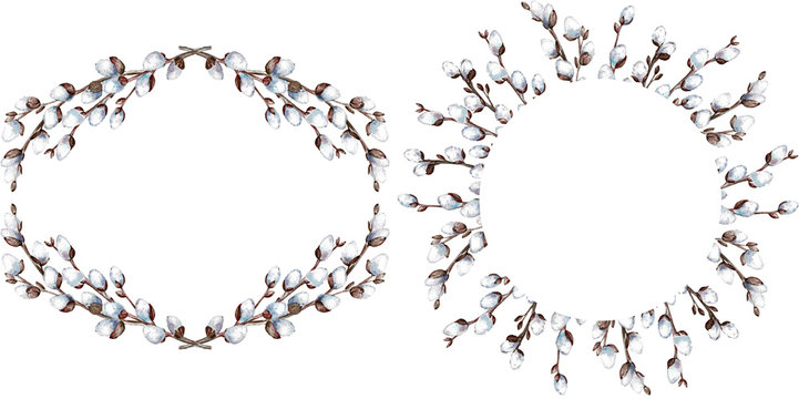 Hand-drawn watercolor frames of pusy willow branches.
