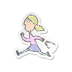retro distressed sticker of a cartoon running woman stressed