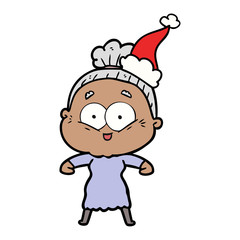 line drawing of a happy old woman wearing santa hat