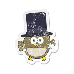 retro distressed sticker of a cartoon owl in top hat