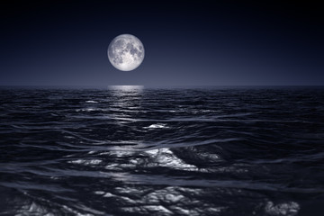 Naklejka na ściany i meble wide ocean waves horizon moon night background