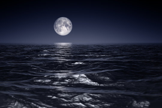 wide ocean waves horizon moon night background © magann