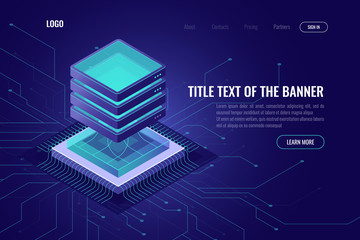 computing abstract isometric 3d icon, cloud computing and data processing concept, super computer processor, quantum pc, futuristic digital technology, modern landing page vector