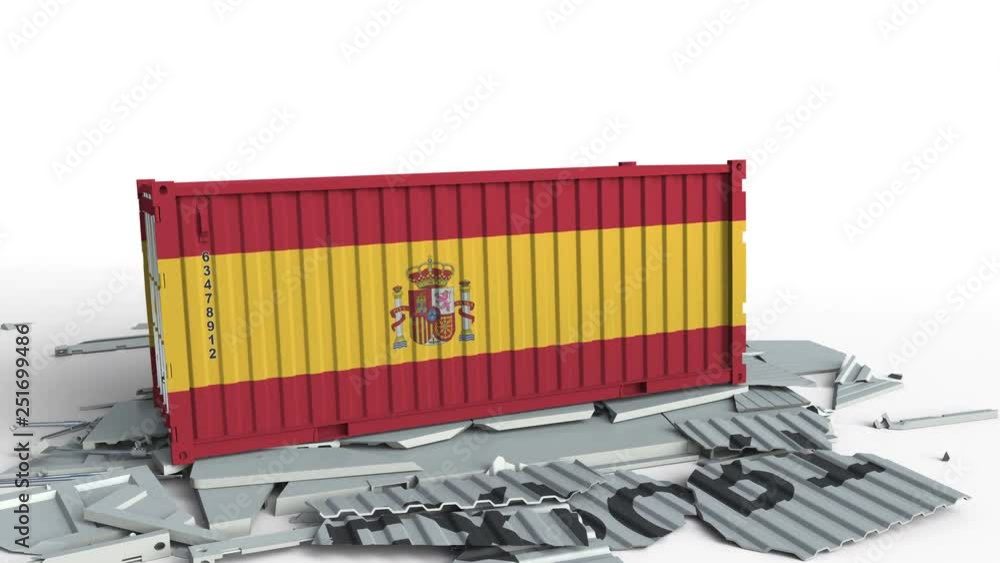 Aufkleber container with export text being crashed with container with flag of spain, conceptual 3d animation