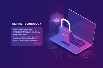 Laptop with lock, computer security isometric icon, data protection, safety in internet, protection personal information, blockchain technology, encryption file ultraviolet