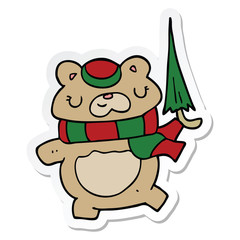 sticker of a cartoon bear with umbrella