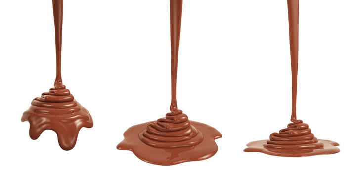3D rendering of melted milk chocolate pouring and folding on sphere form and ground plane, isolated on white - Illustration
