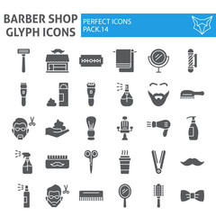 Barber shop glyph icon set, hairstyle symbols collection, vector sketches, logo illustrations, hair care signs solid pictograms package isolated on white background.