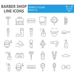 Barber shop thin line icon set, hairstyle symbols collection, vector sketches, logo illustrations, hair care signs linear pictograms package isolated on white background.
