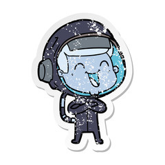 distressed sticker of a happy cartoon astronaut