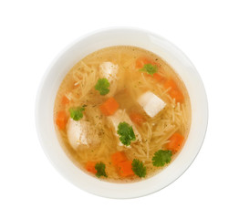 Dish with fresh homemade chicken soup on white background, top view