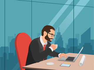 freelance job vector illustration. man working on internet using laptop and drinking coffee. work at home. travel and work