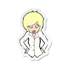 retro distressed sticker of a cartoon woman with hands on hips