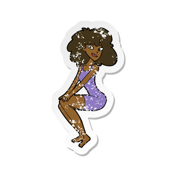 recommend clip art: retro distressed sticker of a cartoon sitting woman in dress