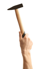 Man holding hammer on white background. Construction tools