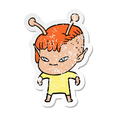 distressed sticker of a cute cartoon alien girl