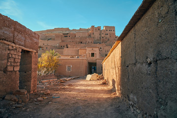 Street view of traditional moroccan oriental architecture in historic cinematic ksar Ait Ben Haddou, Africa
