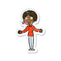 retro distressed sticker of a cartoon woman telling lies