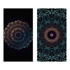 Vintage Cards With Floral Mandala Pattern. Vector Template. The Front And Rear Side. Dark green color
