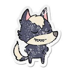 distressed sticker of a friendly cartoon wolf