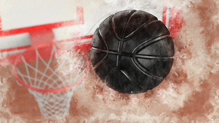 Basketball illustration combined pencil sketch and watercolor sketch. 3D illustration. 3D CG. High resolution.