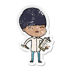 distressed sticker of a cartoon boy taking notes