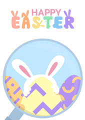 Fototapeta premium happy easter greeting card, egg hunt template, rabbit behind egg magnifying glass concept, vector illustration