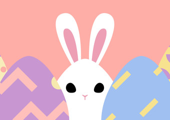 happy easter greeting card with bunny behind egg, vector illustration
