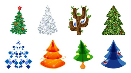 Set of icons of Christmas trees in different styles.